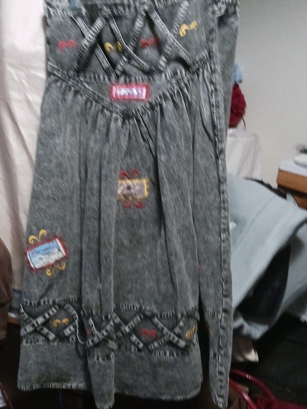 Women's Gray Embroidered Denim-Style Maxi Skirt